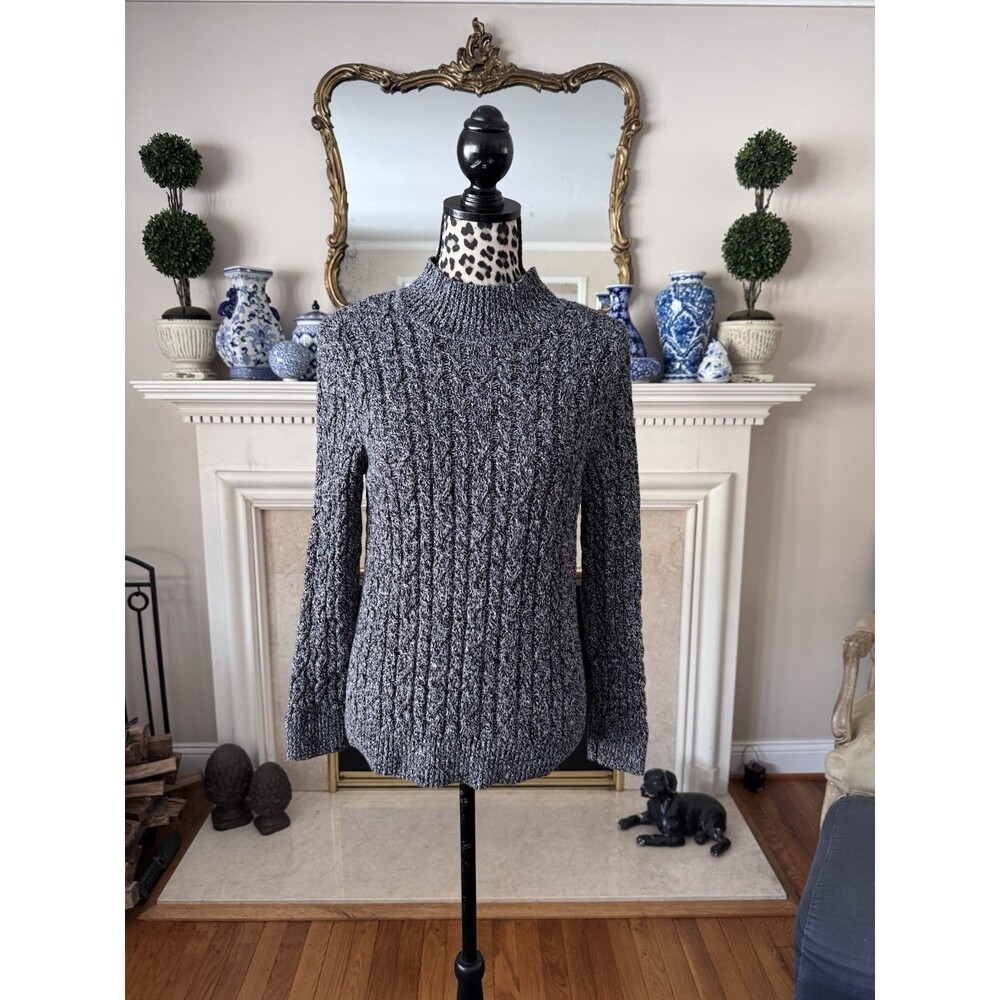 Croft & Barrow Preppy Fisherman Boho Cable Mock Neck Sweater Black White Sz PL